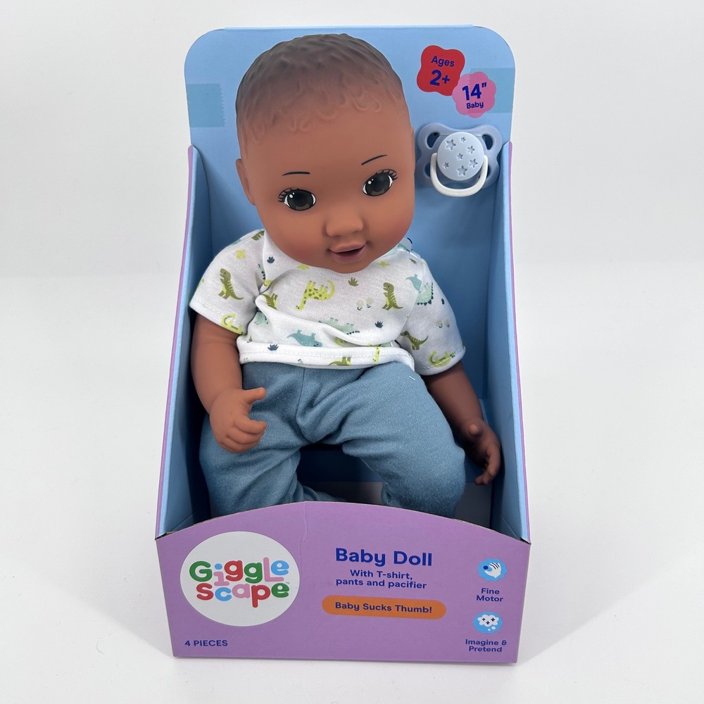Giggle Scape 14 Inch Baby Doll Dark Skin Dinosaur Shirt Blue Pants Pacifier NEW